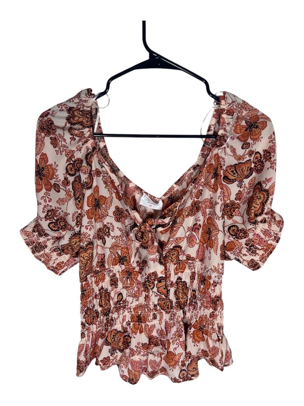 Sienna Sky Floral Smocked Boho Peasant Blouse Tie Front Neckline Size M